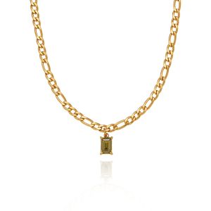 Vintage Green Diamond Pendant Figaro Chain Necklace • Waterproof Non Tarnish Faded Jewelry • 18K Gold Plated 316L Stainless Titanium Steel for Women NL261