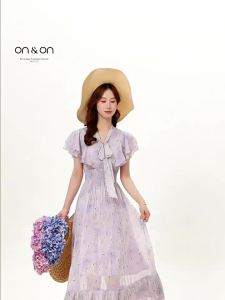 ON&ON | French Style Bow Floral Pattern Waist Accentuating Flared Dress