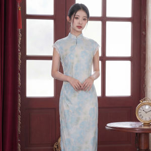 New Chinese Style Blue Floral Print Cheongsam Lace Dress