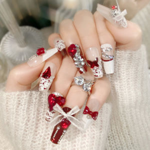 [Ready Stock]24pcs Fake Nails  New Years Red Love Bow Nail Art With Glue