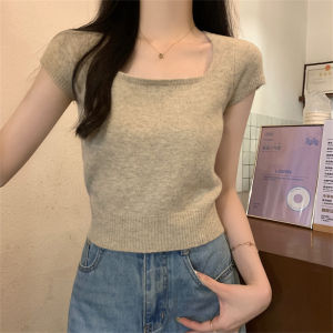 Áo Thun Dệt Kim Ôm Vừa Vặn Cổ Vuông Tay Ngắn Mùa Hè Mới Về Phong Cách Ngọt Ngào Và Cay Nồng Của Pháp Dành Cho Nữ