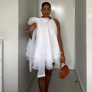 Women White Organza Ruffled Mini Dress Halter Neck Big Bow Elegant Cocktail Party Wedding Guest Short Dresses