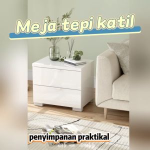 deTrend White High Gloss Nightstand with 2 Drawers Bedroom Small Dressing Table Height 43cm Living Room Storage Cabinet with Handles 8282