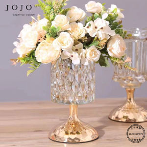 Luxurious Crystal Glass Metal Flower Vase Decorative Bottle Geometric Pattern Home Decoration Living Room Small Ornamental Bottle