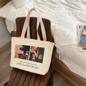 INS Idle Style Coffee Canvas Bag Square Large Capacity Shoulder Hand Holding Zip Tote Bag Casual Class Computer