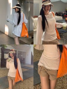 Sun Protection Long Sleeve T-Shirt Womens Elegant Lace White Beautiful Waist-Cut Top for Summer Commute Straight Cut Style