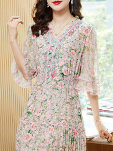Silk Floral Print Long Dress Womens Elegant Slimming Summer New Style V-neck High-waist Short-sleeve Maxi Dress by Jog Mcerg