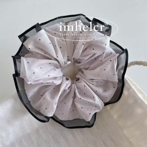 Korean Style Light Pink Polka Dot Black Lace Wood Grain Edge Large Bow Hair Ties Sweet And Gentle Ball Head Ropes Hair Accessories