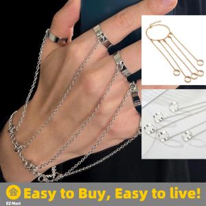 【Fast Shipping】 Geometric Chain Wrist Bracelet Silver Color Punk Sindlan for Men Ring Pendant Set Couple Emo Fashion Jewelry Gifts CYB-Geometric-Wrist-Bracelet