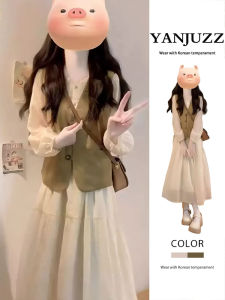 Retro Style Layered High Waist Forest System Dress Womens Fashion Set Autumn New Arrival Versatile Short Sleeve Polyester Dry Fast