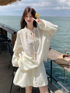 Fashionable Lace Embroidery Womens Summer Top Bottoms Set Sun Protection Two-Piece Suit Short Pants V-Neck Long Sleeve Button