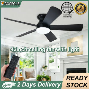 Gogeous 42inch black ceiling fan with light modern 6-speed wind ceiling fan 5 blades big 3 color dinnimg ceiling lights with fan for living room dinning room