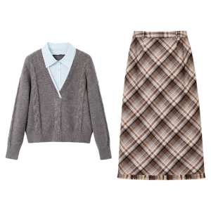 Vintage School Style Color Block Pseudo Two-Piece Outfit