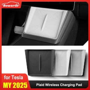 for Tesla New Model Y Juniper/Launch 2025 Wireless Charging Pad Anti-skid Cover Plaid Silicone Car Phone Non-slip Charger Mat