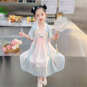 เรียบหรู สไตล์เจ้าหญิง ชุดฮั่นฝู เด็ก ฤดูร้อน เดรส หวาน เด็กทารก เครื่องแต่งกายเทพนิยายของเด็กผู้หญิงปักแบบดั้งเดิมของจีน กระโปรง