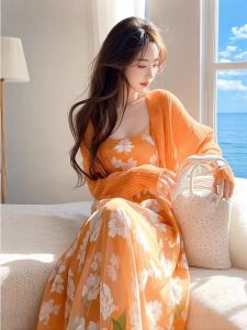 Áo Len Cardigan Màu Cam Thanh Lịch Váy Hoa Bộ Đồ Hai Mảnh Váy Dài Cạp Cao Mùa Hè Dài Tay Dáng Chữ A Chất Liệu Khác