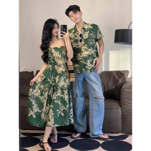 Set đồ đôi hoa xanh váy nữ 2 dây trẻ trung năng động