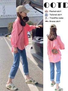 Áo Sơ Mi Nữ Màu Hồng Mùa Xuân Mới Chất Lượng Cao Chống Nắng Thời Trang Công Sở Dài Tay Cổ Polo Màu Trơn Polyester