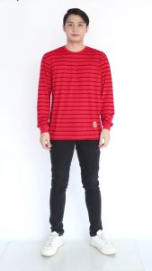Noveli wear - Kaos pria salur garis belang stripe - kaos kerah bulat distro stripe lengan panjang