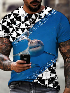 3D Shark Print Patchwork Short Sleeve T-Shirt Youth Summer Fashion Digital Printing Top for Men Standard Fit Casual Tee