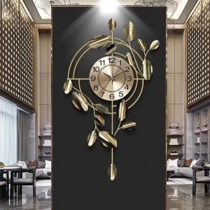 Large Aesthetic Luxury Metal Wall Clock with Gold Leaves for Home Living Room Corridor Decor