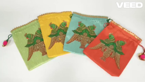 Parrot Design Silk Potli Bags for Wedding Return Gifts | Drawstring Ethnic Gift Pouch for Favors Tambulam & Festival (Pack of 1 | Size- 9.5*7.5 Inch)
