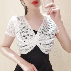 Womens Suspender Skirt Shawl Outer Match Short Sleeve Cut Out Half Blouse V-neck Knot Short Mesh Knitting Summer Tops