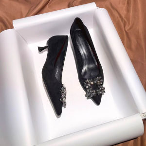 French Rhinestone Black Flat Shoes Womens 2025 New Spring Autumn Pointed Toe Elegant High-End Professional Velvet Single Shoes