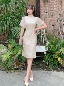 Su Jin Summer New Style Slimming Composite Lace Cheongsam Daily Young Girl Bodycon Dress Improved Retro Cheongsam Short Sleeve