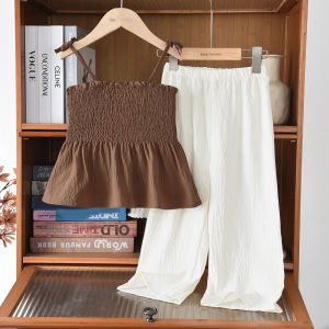 Menoea 3-7 tuổi trang phục mùa hè Cho Trẻ Em phiên bản Hàn Quốc quần áo bé gái Bộ Màu Nâu dây đeo nơ áo xếp li + quần màu đơn Hai-Mảnh Phù Hợp Với quần áo quần áo Trẻ Em của Trang Phục