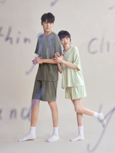 yuenei | Couples Summer Ice Silk Modal Sleepwear Womens Style Thin Short Sleeve Shorts Home Clothes Mens Set Comfortable Breathable