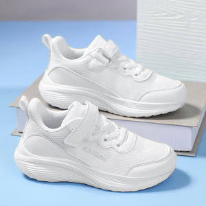 Breathable Leather And Mesh White Sports Shoes for Primary School Children Boys Girls Running Shoes Shock Absorption Lightweight Anti-Slip Rubber Sole