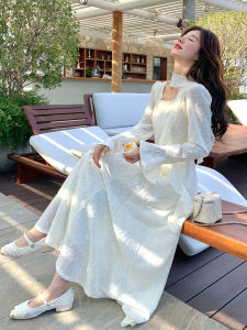 Elegant French Style Long Sleeve Heavy Embroidery Neck Hanging Sash Womens Dress Gentle White Moonlight Rich Girl Skirt