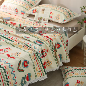 ผ้าปูเตียงผ้าหยาบแบบเก่าพร้อมขอบลูกไม้เสื่อเย็นผ้าปูเตียงผ้าฝ้ายแท้ผ้าลินินหนาพิเศษแบบสดชื่นสำหรับฤดูร้อนลายดอกไม้เล็กสไตล์คันทรี่