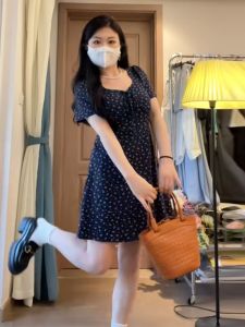 Summer Floral Print French Style Tea Break Dress Square Collar Sweet Temperament Skirt for plus Size Women Short Stature