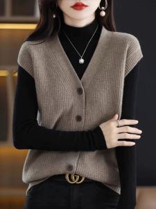 Autumn Winter Short Sleeveless V-Neck Womens Open Cardigan Vest Knitted Sweater Outerwear Regular Length Button Detail