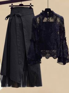 Spring Collection High Waist Midi Skirt And Lace Blouse Workwear Two Piece Set Womens Fashion Ensemble Long Sleeve Commute Style