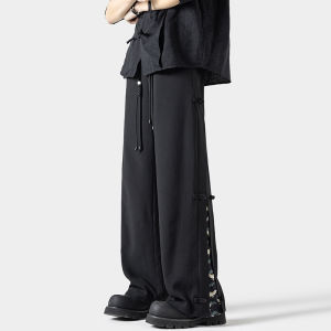 New Chinese Style Summer Thin Loose Drapey Wide Leg Pants Vintage Splicing Straight Casual Long Trousers for Men Breathable