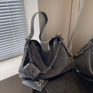 Large Capacity Denim Tote Bag Womens Commuter Shoulder Crossbody Bag Fashion Trend Soft Polyester Lining Non-Washable