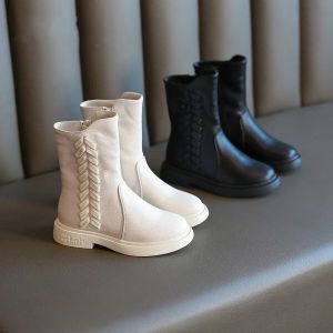 Girls Fleece Lined Martin Boots round Toe mid Calf Side Zipper Fashionable Leather Boots for Little Girls Winter Children Shoes