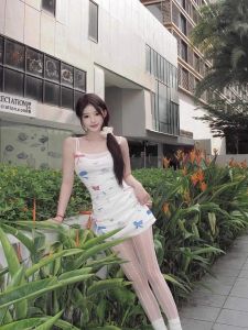 Sweet Girl Butterfly Knot Print Strapless Waist Cinched Sleeveless Dress Thai Style Pleated Two-Piece Effect Womens Dress