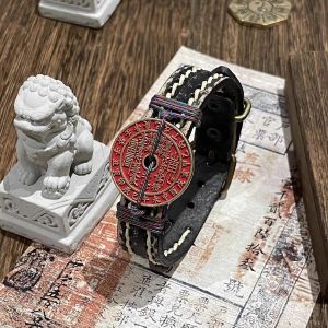 Handcrafted Original Chinese Retro Style Bracelet with Heavenly Stems Earthly Branches Mountain Ghost Design Top Layer Cowhide