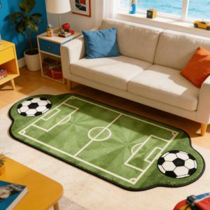 VIKAMA Football Field Shaped Rug Soccer Ball Print Soft Non‑Slip Floor Mat Kids Bedroom Playroom Sports Style Home Decor