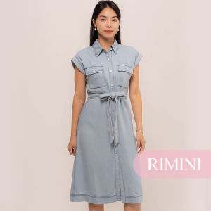 RIMINI - Dress Denim Midi Wanita Ribbon Belted Size XS-XL - Aglea Dress CC32799