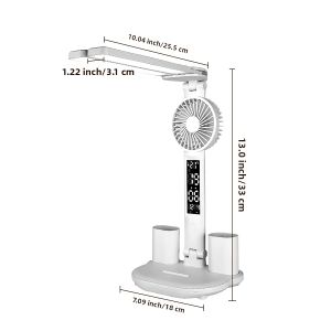 Đèn Bàn LED Sạc Lại Được Tích Hợp Quạt Và Màn Hình Hiển Thị Đồng Hồ - Đèn Đọc Sách Để Bàn Học Có Thể Điều Chỉnh Độ Sáng Kèm Pin