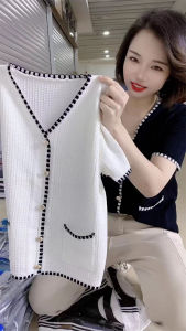 Fashionable V-neck Short Sleeve T-shirt Ice Silk Hollow Knitted Cardigan Womens Loose Outerwear Summer Season Casual Top