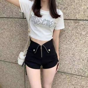 กางเกงขาสั้นผู้หญิงเอวสูงพิเศษ Drawstring น้ำทุกการแข่งขันฤดูร้อนสาวร้อนตัวอักษรขนาดเล็กบางนอกสวมใส่กางเกงร้อนสั้นพิเศษ