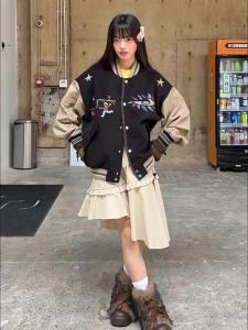 JNXS | Color Blocking Fun Graphic Baseball Jacket