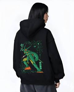 Bandai | Dragon Ball Z Cell Black Hoodie Green Bio Android Character Print Circuit Board Design Cotton Sweatshirt with Tail Detail