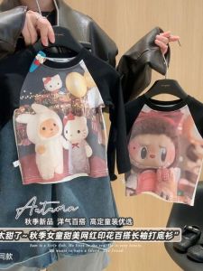 Childrens Pure Cotton Long Sleeve T-Shirt Cartoon Kitty Cat Print Girls Fashionable Trendy Versatile Top Breathable Comfortable